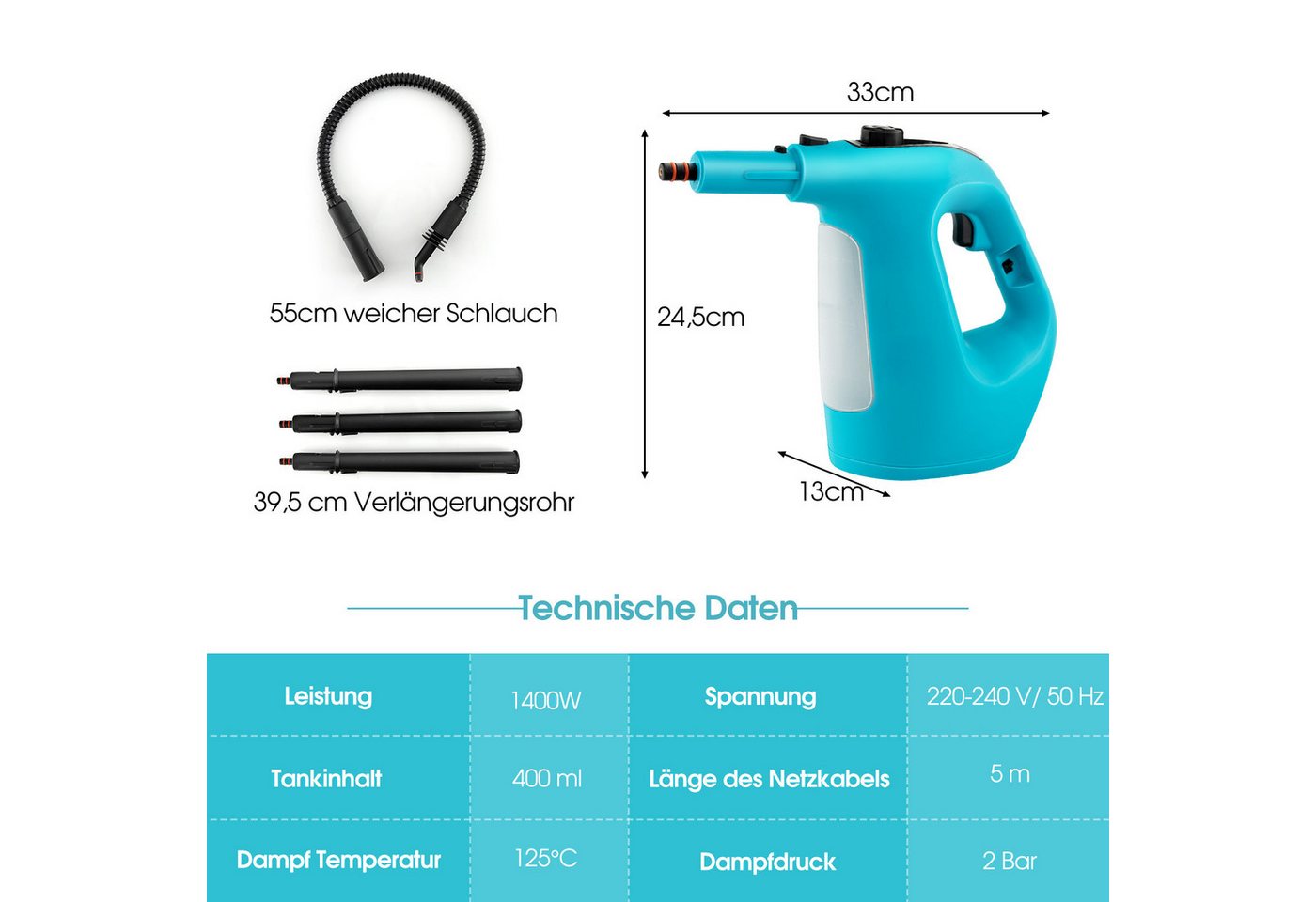 KOMFOTTEU Dampfreiniger, 1400 W, tragbarer Mehrzweck-Dampfreiniger mit 14 Zubehörteilen Bild 2