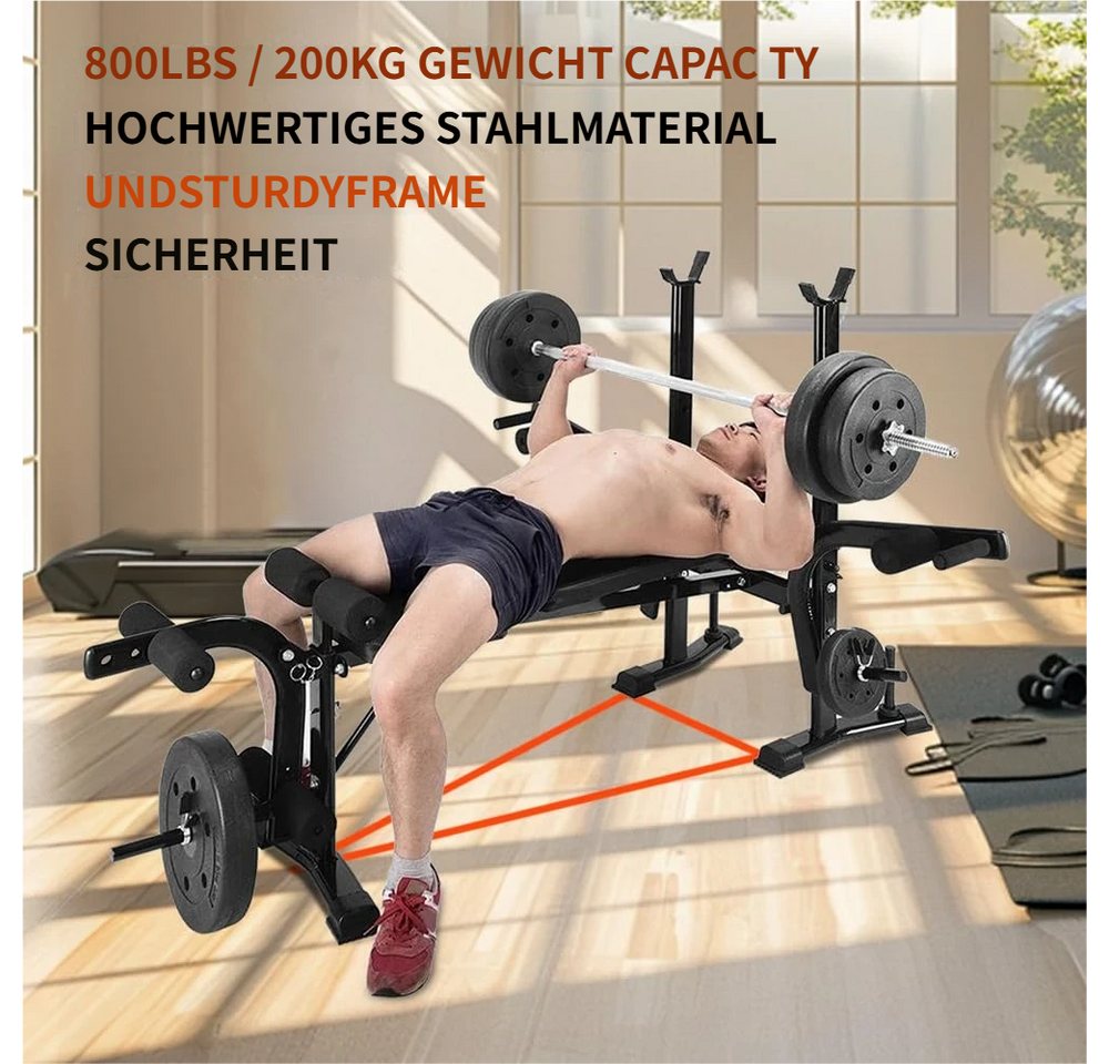 Rutaqian Hantelbank Faltbare Hantelbank Set mit Ablage, Dip-Station,Bis 200kg, Schwarz, (mit Langhantelablage, Bizepscurl-Polster, Krafttrainingsbank), Gewichtheberausrüstung für das Heim-Fitnessstudio,Ganzkörper-Training Bild 3