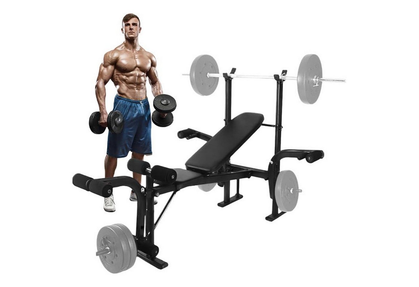 Rutaqian Hantelbank Faltbare Hantelbank Set mit Ablage, Dip-Station,Bis 200kg, Schwarz, (mit Langhantelablage, Bizepscurl-Polster, Krafttrainingsbank), Gewichtheberausrüstung für das Heim-Fitnessstudio,Ganzkörper-Training Bild 4