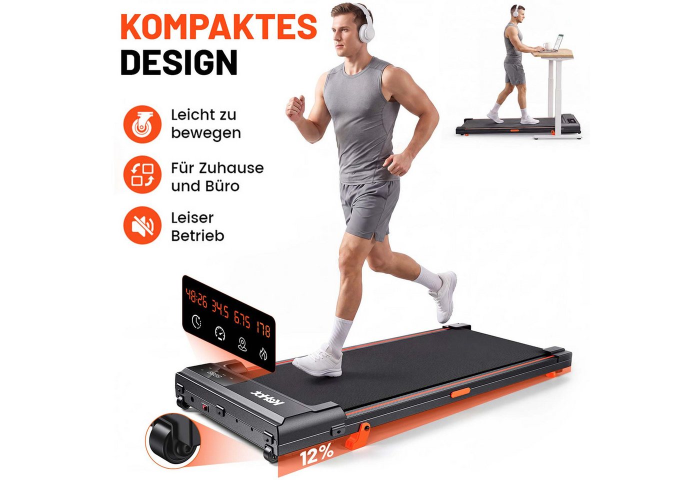 kehot Laufband Walking Pad Laufband mit 12 % Steigung, 1–6 km/h (2 Neigungsstufen und 90 x 40 cm Lauffläche, Nur 10 cm hoch und bis 100 kg belastbar), LED-Display und Fernbedienung für Homeoffice und Zuhause