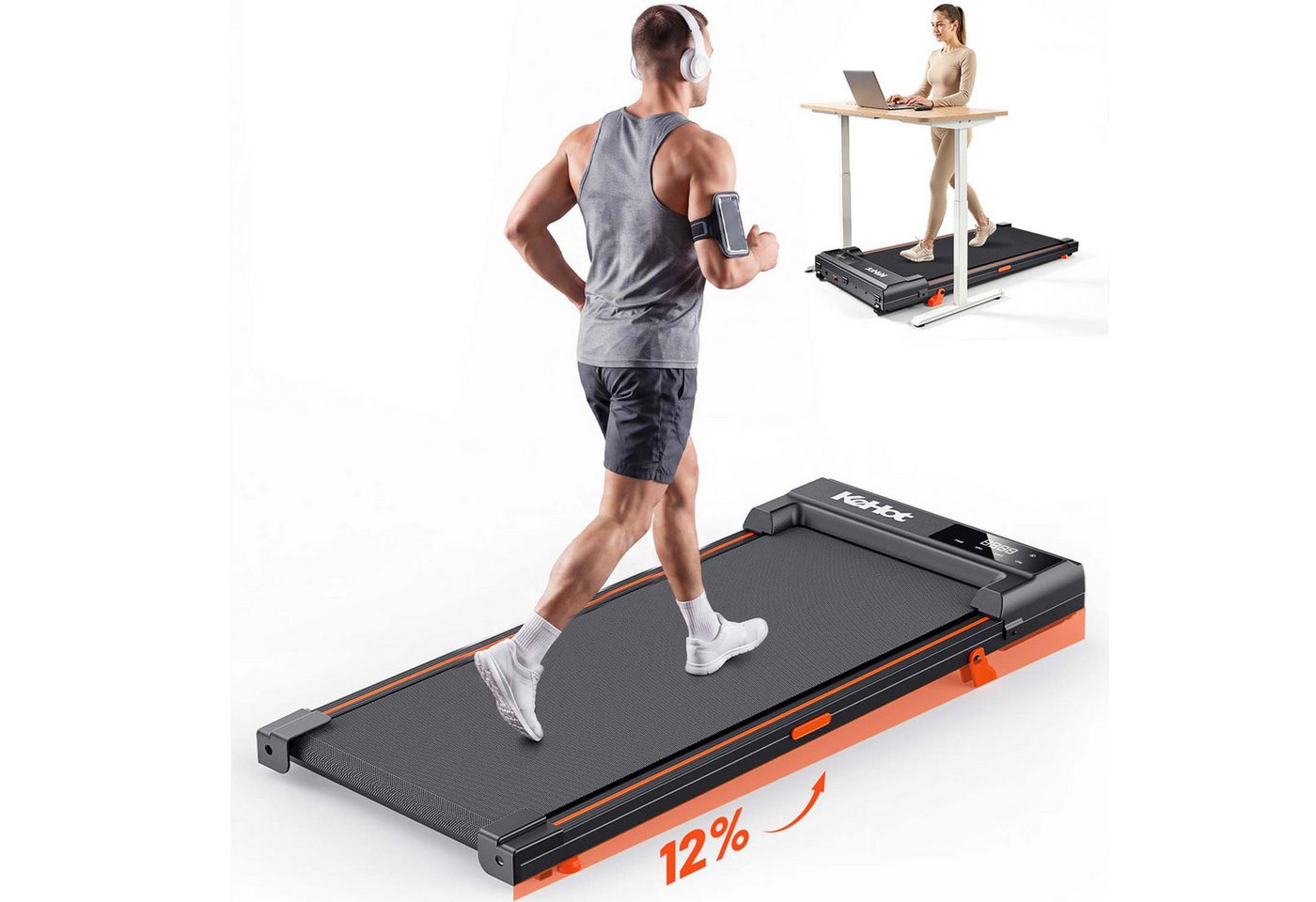 kehot Laufband Walking Pad Laufband mit 12 % Steigung, 1–6 km/h (2 Neigungsstufen und 90 x 40 cm Lauffläche, Nur 10 cm hoch und bis 100 kg belastbar), LED-Display und Fernbedienung für Homeoffice und Zuhause Bild 2