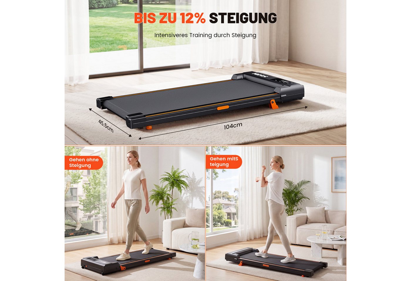 kehot Laufband Walking Pad Laufband mit 12 % Steigung, 1–6 km/h (2 Neigungsstufen und 90 x 40 cm Lauffläche, Nur 10 cm hoch und bis 100 kg belastbar), LED-Display und Fernbedienung für Homeoffice und Zuhause Bild 3