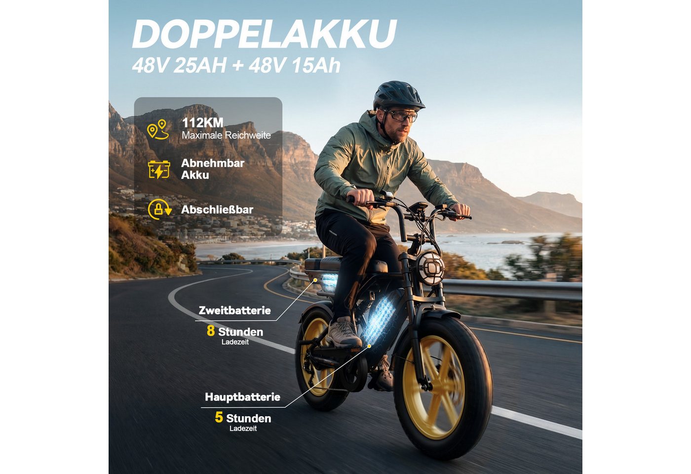 SISIGAD E-Bike Mountainbike 20 Zoll Fat Tire E-Bike mit Doppel-Akku-System, 250W Motor,APP,fatbike, Shimano, 720 Wh, 48V 25Ah + 48V 15Ah Akku, hoher Fahrkomfort für Alltag und Freizeit Bild 4