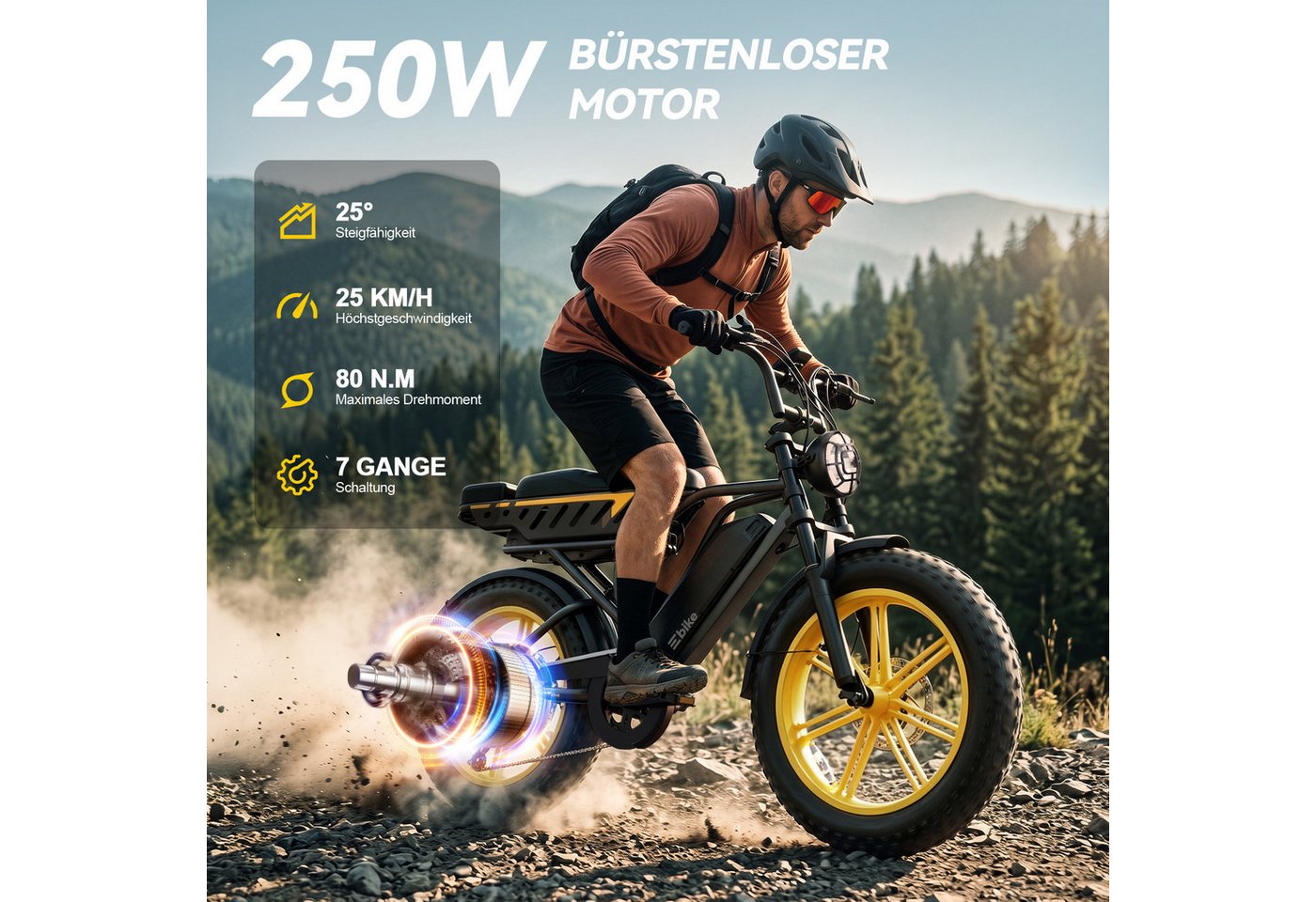 SISIGAD E-Bike Mountainbike 20 Zoll Fat Tire E-Bike mit Doppel-Akku-System, 250W Motor,APP,fatbike, Shimano, 720 Wh, 48V 25Ah + 48V 15Ah Akku, hoher Fahrkomfort für Alltag und Freizeit Bild 5