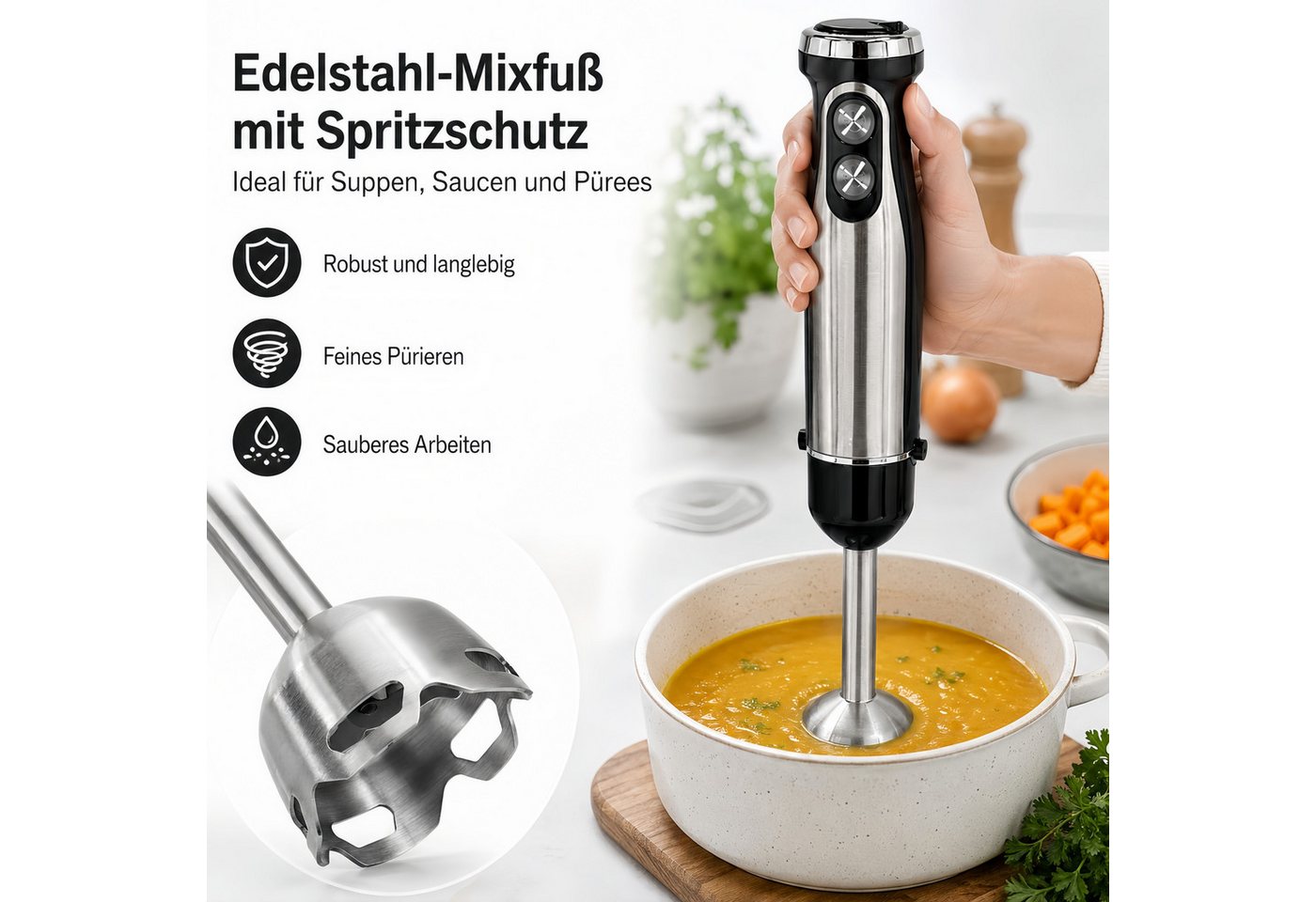ibettertec Stabmixer 5-in-1 mixer Set,Edelstahl Pürierstab mit stufenloser Geschwindigkeit, 1500 W, Zerkleinerer, Schneebesen, Milchaufschäumer und Messbecher