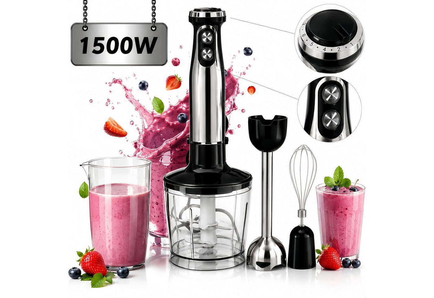 ibettertec Stabmixer 5-in-1 mixer Set,Edelstahl Pürierstab mit stufenloser Geschwindigkeit, 1500 W, Zerkleinerer, Schneebesen, Milchaufschäumer und Messbecher Bild 3