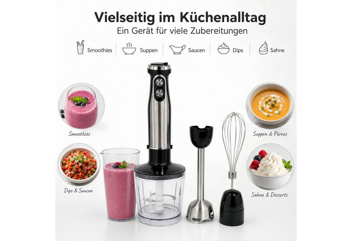 ibettertec Stabmixer 5-in-1 mixer Set,Edelstahl Pürierstab mit stufenloser Geschwindigkeit, 1500 W, Zerkleinerer, Schneebesen, Milchaufschäumer und Messbecher Bild 4