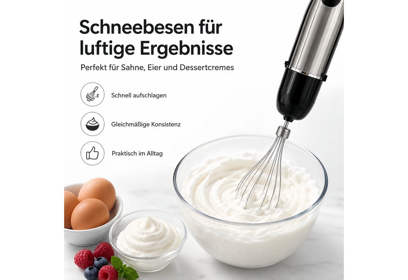 ibettertec Stabmixer 5-in-1 mixer Set,Edelstahl Pürierstab mit stufenloser Geschwindigkeit, 1500 W, Zerkleinerer, Schneebesen, Milchaufschäumer und Messbecher Bild 5