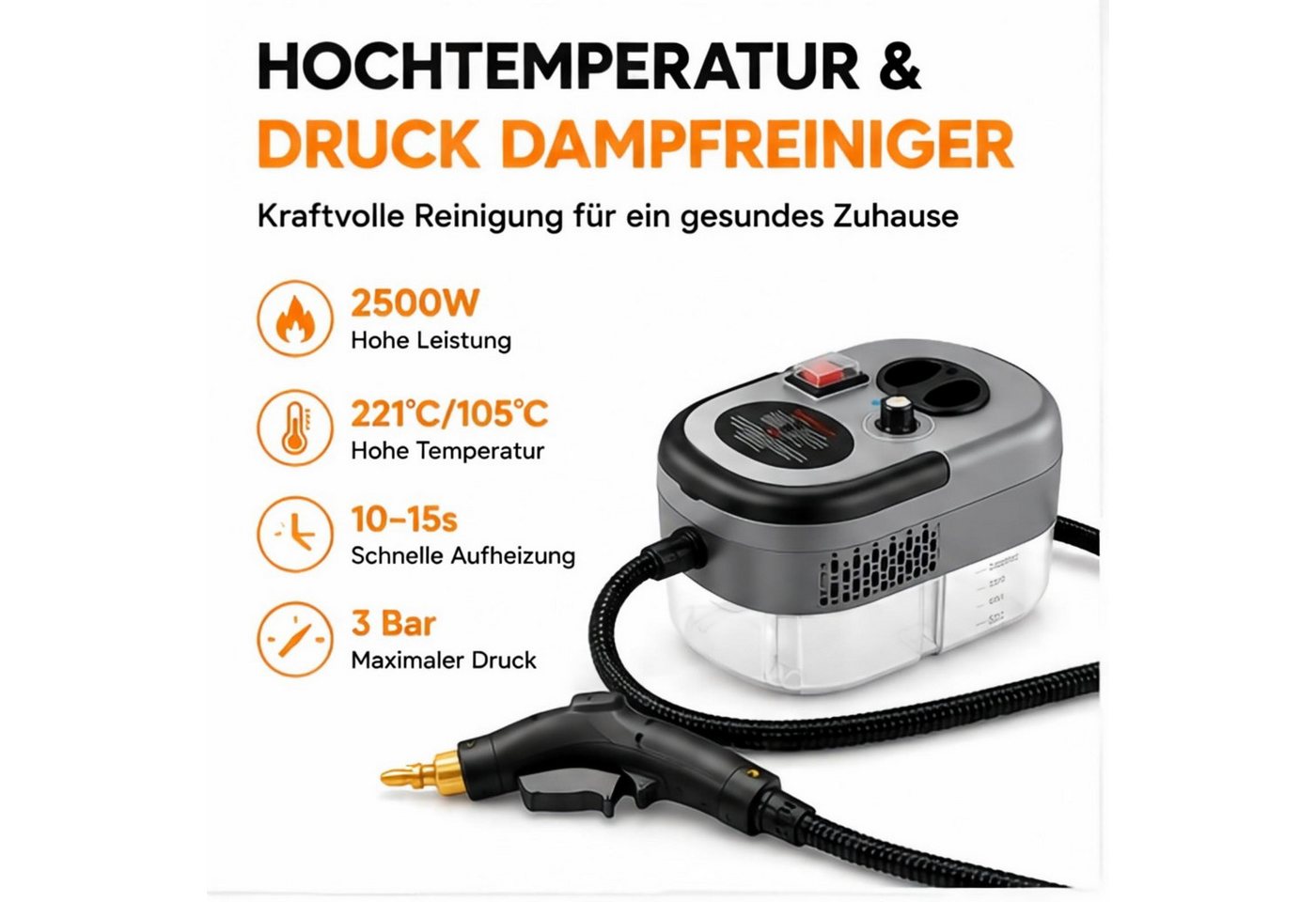 AIBISTAR Dampfreiniger Hand-Dampfreiniger 2500W, 1,2L, 10s Aufheizung, Küchenreiniger, 2500 W, Handdampfreiniger Ideal für Boden, Küche, Bad, Fenster & Auto Bild 3