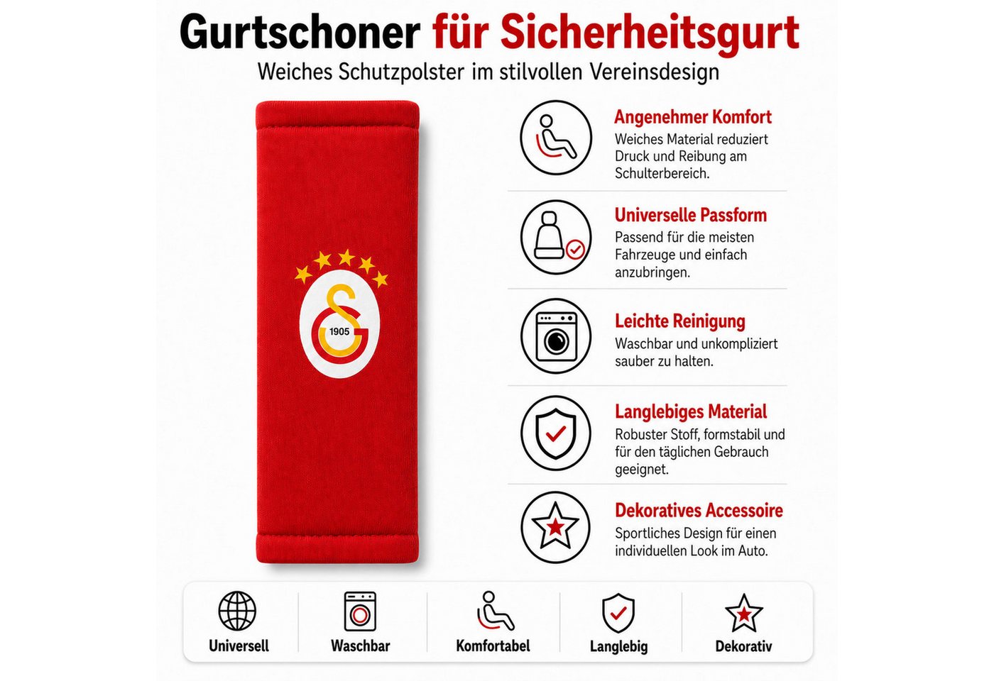 Jungengel Gurtpolster Gurtschoner Sicherheitsgurt 2er Set Auto Fanartikel Fußballdesign, (Set, 2 St., Geeignet für Fahrer-, Beifahrer- sowie Rücksitze. Universelle Passform), Wählbare Ausführungen: Galatasaray, Fenerbahce, Besiktas Bild 3
