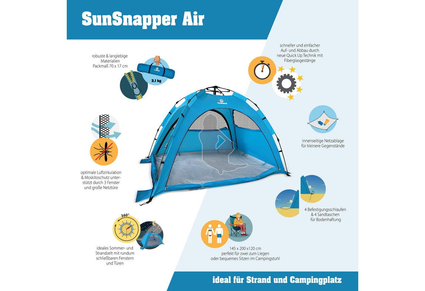 outdoorer Strandmuschel mit Automatik-Aufbau & UV-Schutz 80 Sun Snapper Air, Personen: 3, XXL-Strandzelt, blau, Wind- und Sonnenschutz, schnell auf- & abgebaut Bild 3