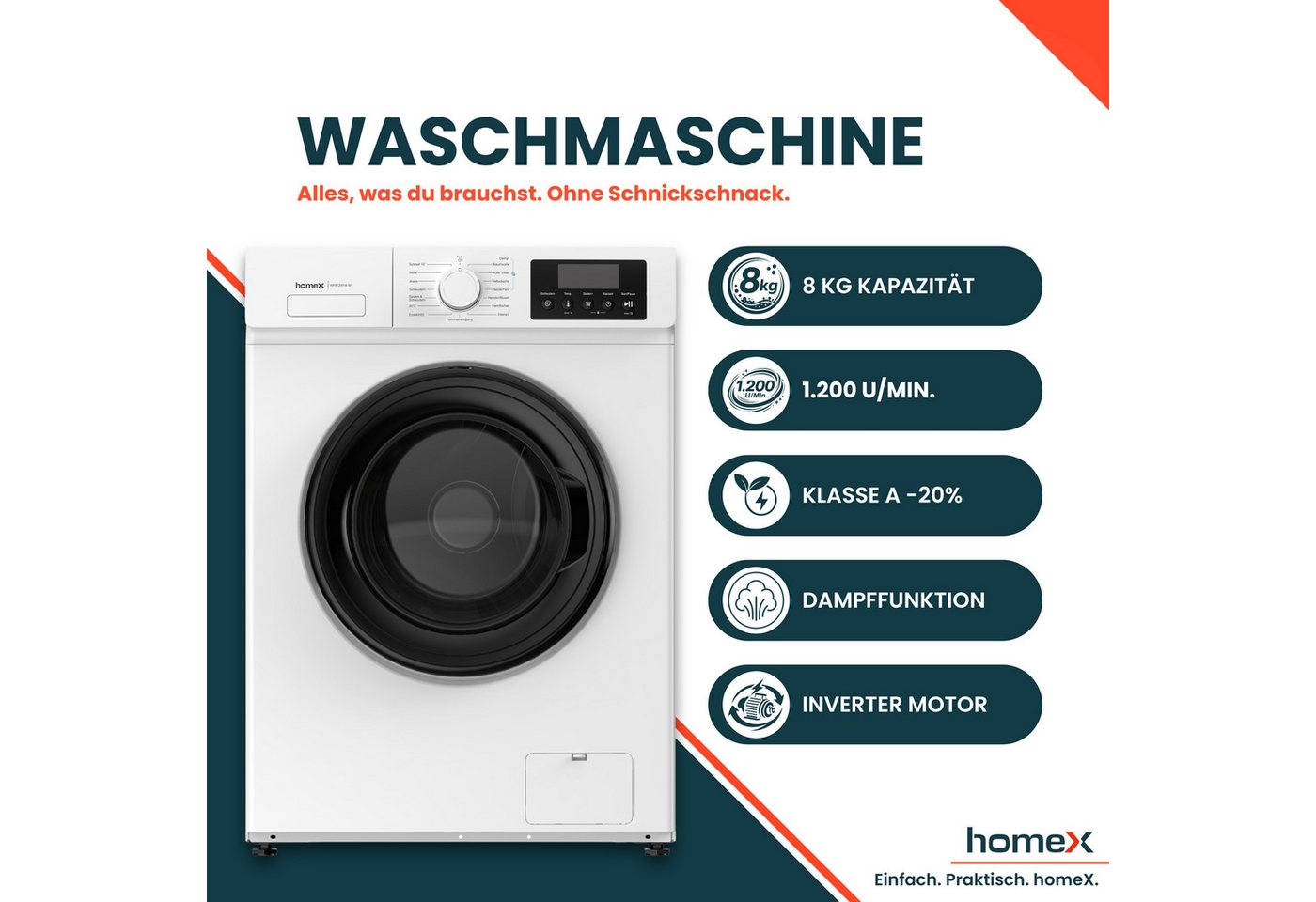homeX Waschmaschine WF812W1A-W, 8 kg, 1200 U/min, Frontlader 8kg, 1.200 U/Min, Dampffunktion, Inverter Motor, EEK A -20%