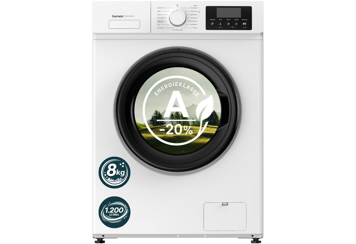 homeX Waschmaschine WF812W1A-W, 8 kg, 1200 U/min, Frontlader 8kg, 1.200 U/Min, Dampffunktion, Inverter Motor, EEK A -20% Bild 3