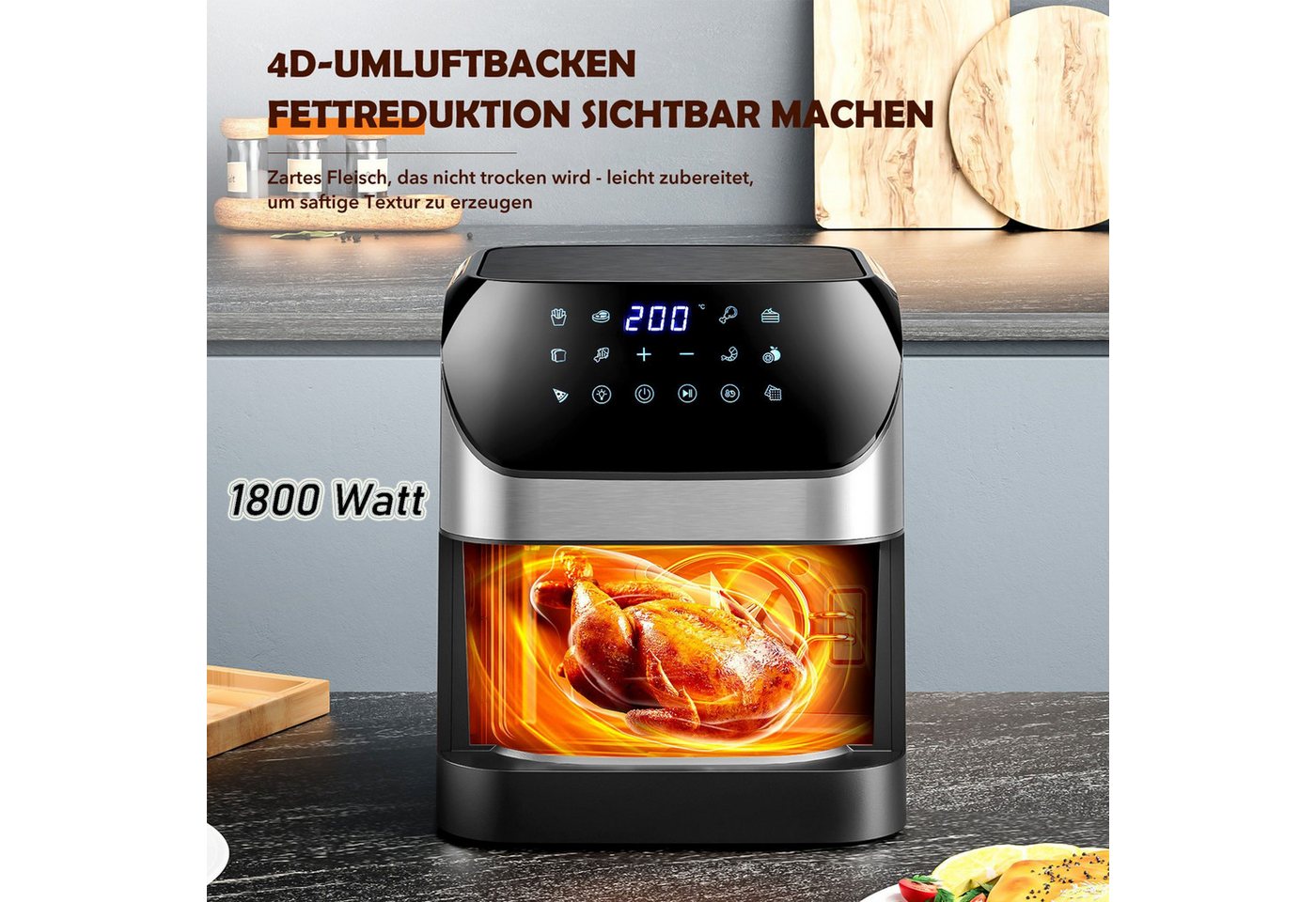 oyajia Heißluftfritteuse Heißluftfritteuse XXL 8L mit Sichtfenster, Friteuse ohne Öl 80°C-200°C, 1800 W, Airfryer mit 10 Programmen, Beleuchtung, Timer und Touch-Display