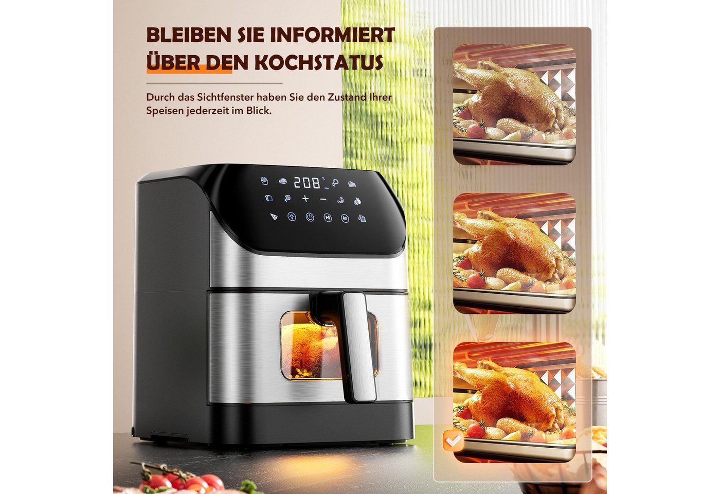 oyajia Heißluftfritteuse Heißluftfritteuse XXL 8L mit Sichtfenster, Friteuse ohne Öl 80°C-200°C, 1800 W, Airfryer mit 10 Programmen, Beleuchtung, Timer und Touch-Display Bild 2
