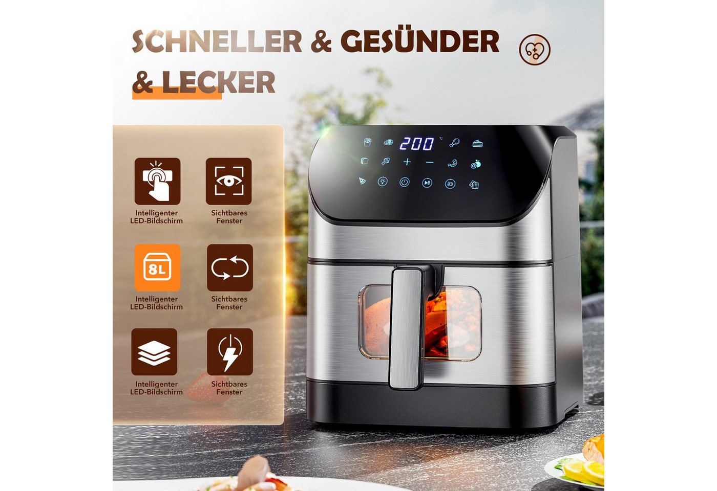 oyajia Heißluftfritteuse Heißluftfritteuse XXL 8L mit Sichtfenster, Friteuse ohne Öl 80°C-200°C, 1800 W, Airfryer mit 10 Programmen, Beleuchtung, Timer und Touch-Display Bild 4