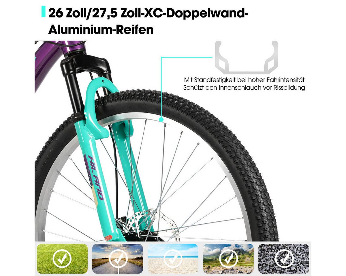 HILAND Mountainbike 26/27,5 Zoll Leichtgewichtiges bike für Frauen Ideal für alle Terrains, 18-Gang mit Lock-Out-Federgabel Dual-Scheibenbremsen, Aluminium-Rahmen Bild 2