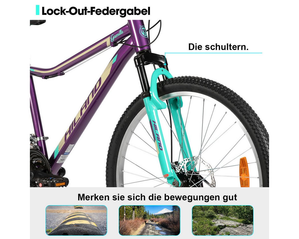 HILAND Mountainbike 26/27,5 Zoll Leichtgewichtiges bike für Frauen Ideal für alle Terrains, 18-Gang mit Lock-Out-Federgabel Dual-Scheibenbremsen, Aluminium-Rahmen Bild 3