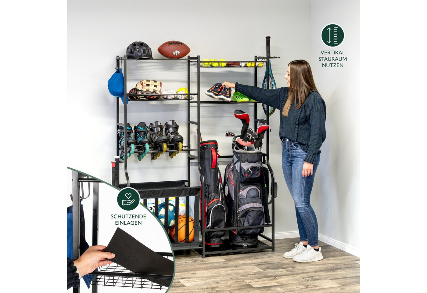 eluno Sportgeräte-Regalwagen mit stabilen Ablageflächen, Körben und Haken, aus Stahl, 1-tlg.