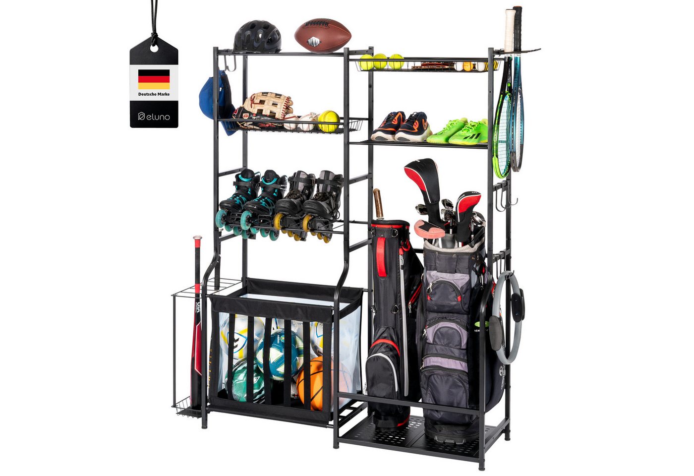 eluno Sportgeräte-Regalwagen mit stabilen Ablageflächen, Körben und Haken, aus Stahl, 1-tlg. Bild 2