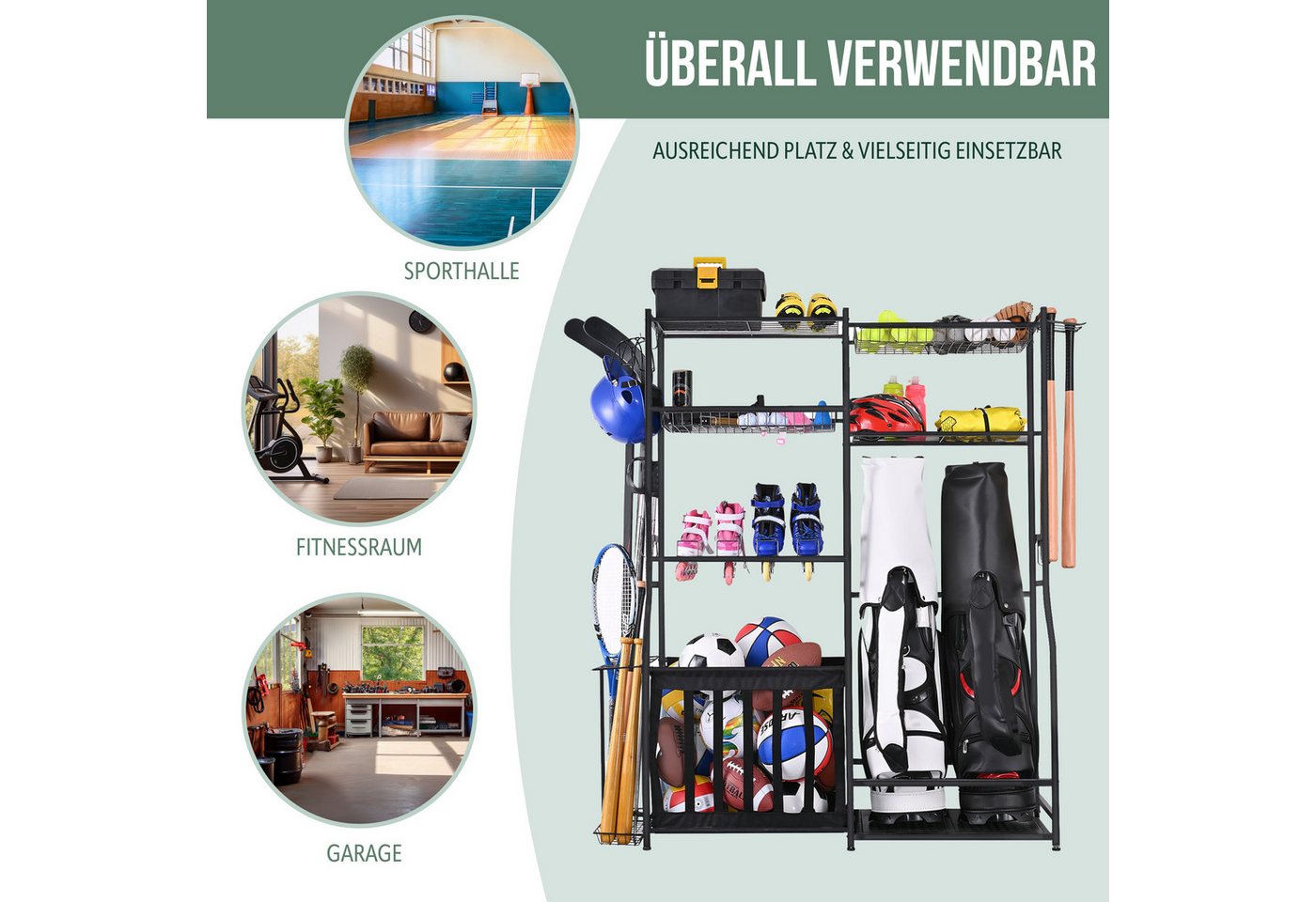 eluno Sportgeräte-Regalwagen mit stabilen Ablageflächen, Körben und Haken, aus Stahl, 1-tlg. Bild 3