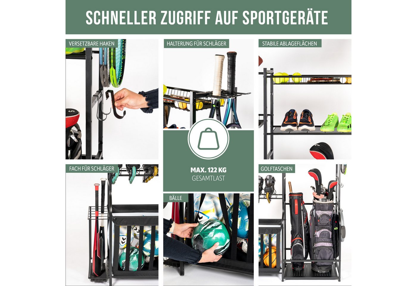 eluno Sportgeräte-Regalwagen mit stabilen Ablageflächen, Körben und Haken, aus Stahl, 1-tlg. Bild 5
