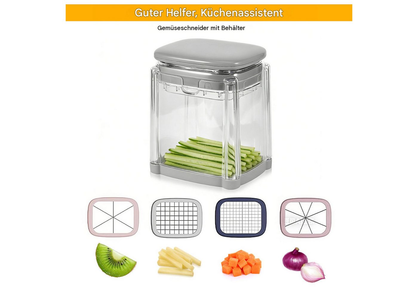 BlingBin Gemüseschneider 4-in-1 Pommesschneider Kartoffelschneider & Schneider mit 4 Klingen, Mehrzweck Gemüseschneider für Pommes, Gurke, Karotte, Zwiebel und Obst