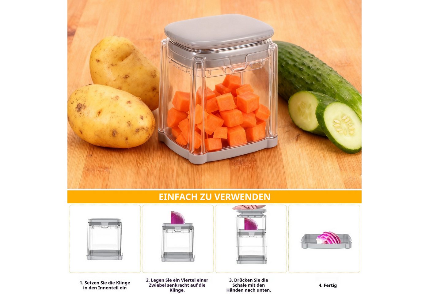 BlingBin Gemüseschneider 4-in-1 Pommesschneider Kartoffelschneider & Schneider mit 4 Klingen, Mehrzweck Gemüseschneider für Pommes, Gurke, Karotte, Zwiebel und Obst Bild 2