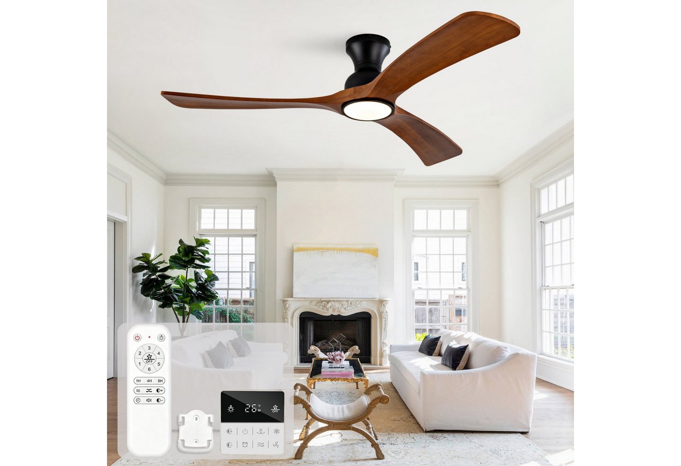 Blossom Deckenventilator Deckenventilator mit Licht 132 cm, Massivholz, 6 Geschwindigkeiten, Fernbedienung & Wandsteuerung, 3CCT LED, Sommer/Winter
