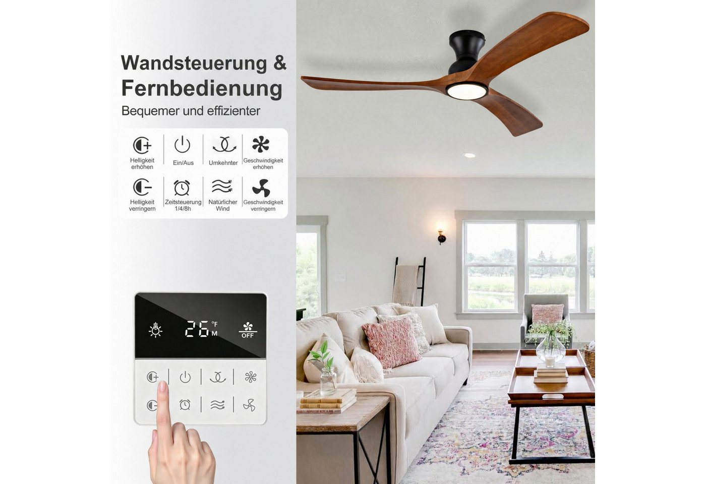 Blossom Deckenventilator Deckenventilator mit Licht 132 cm, Massivholz, 6 Geschwindigkeiten, Fernbedienung & Wandsteuerung, 3CCT LED, Sommer/Winter Bild 2