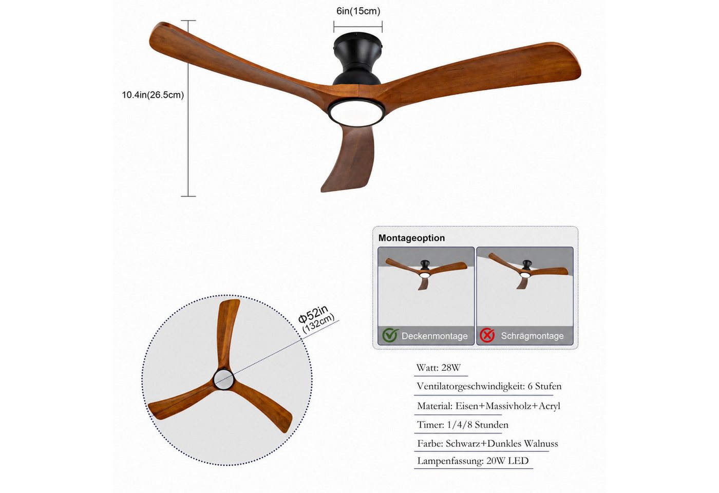 Blossom Deckenventilator Deckenventilator mit Licht 132 cm, Massivholz, 6 Geschwindigkeiten, Fernbedienung & Wandsteuerung, 3CCT LED, Sommer/Winter Bild 4
