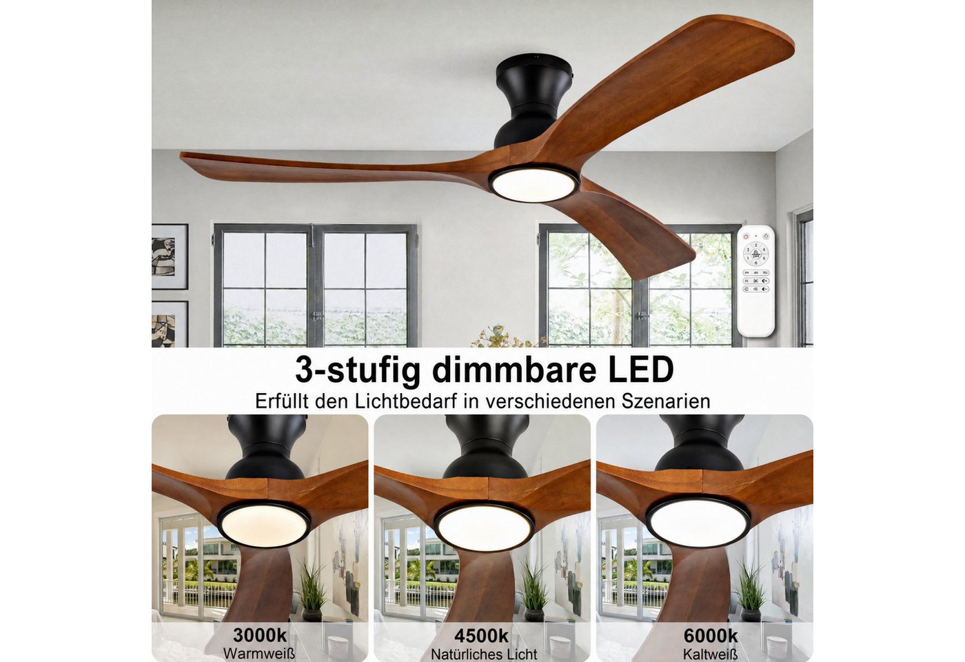 Blossom Deckenventilator Deckenventilator mit Licht 132 cm, Massivholz, 6 Geschwindigkeiten, Fernbedienung & Wandsteuerung, 3CCT LED, Sommer/Winter Bild 5