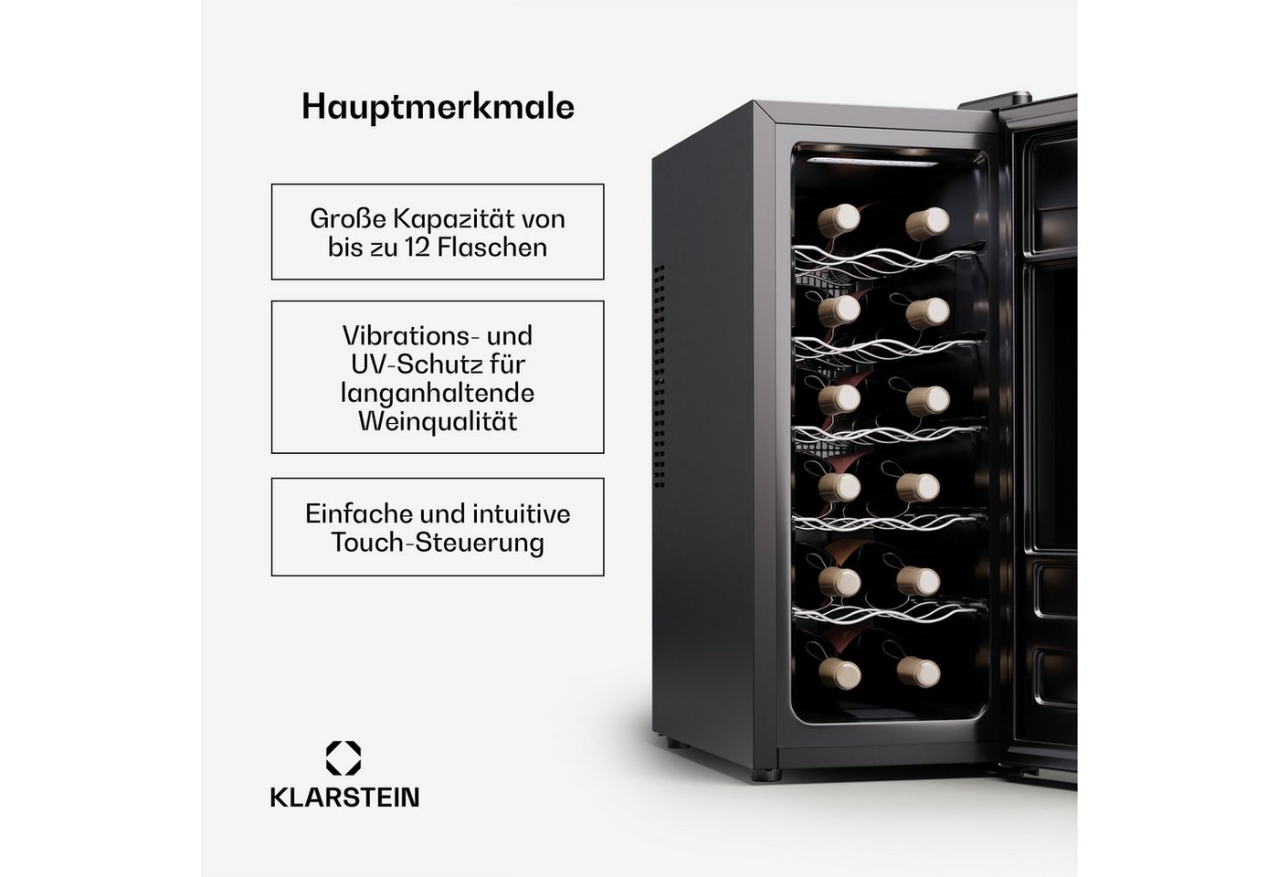 Klarstein Weinkühlschrank Silent Vino 12 Uno Slim, für 12 Standardflaschen á 0,75l,Wein Flaschenkühlschrank Weintemperierschrank Weinschrank Kühlschrank Bild 3