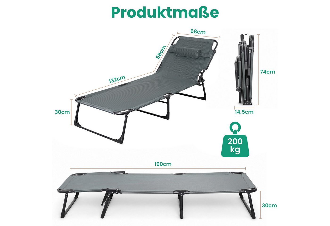 DAITORE Feldbett Campingliege klappbar 190x68x30 cm bis 250 kg Feldbett Sonnenliege Camping mit Stahlgestell, Oxford-Gewebe & Tragetasche Bild 4