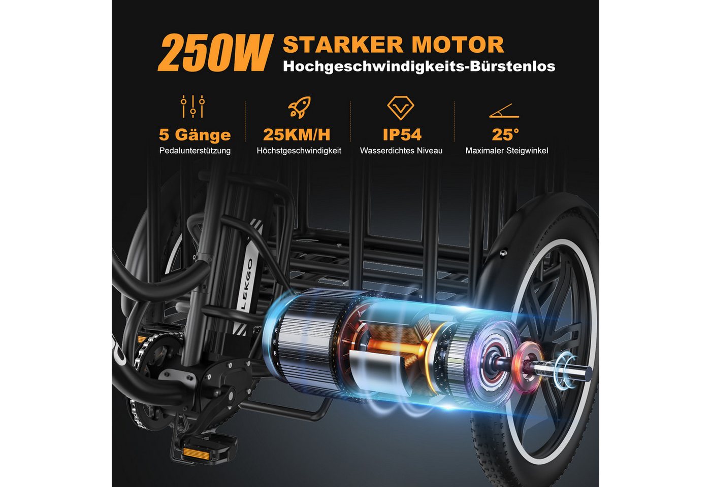 ELEKGO E-Bike Elektrisches Dreirad 20*3,0 zoll E-Dreirad Cargo mit 48V18Ah Akku Lastenfahrrad, 1 Gang, Kettenschaltung, Heckmotor, 864 Wh, Mit Körben vorne und hinten für Erwachsene zwischen 16 und 60 Jahren Bild 3