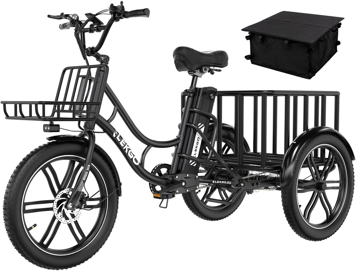ELEKGO E-Bike Elektrisches Dreirad 20*3,0 zoll E-Dreirad Cargo mit 48V18Ah Akku Lastenfahrrad, 1 Gang, Kettenschaltung, Heckmotor, 864 Wh, Mit Körben vorne und hinten für Erwachsene zwischen 16 und 60 Jahren Bild 5