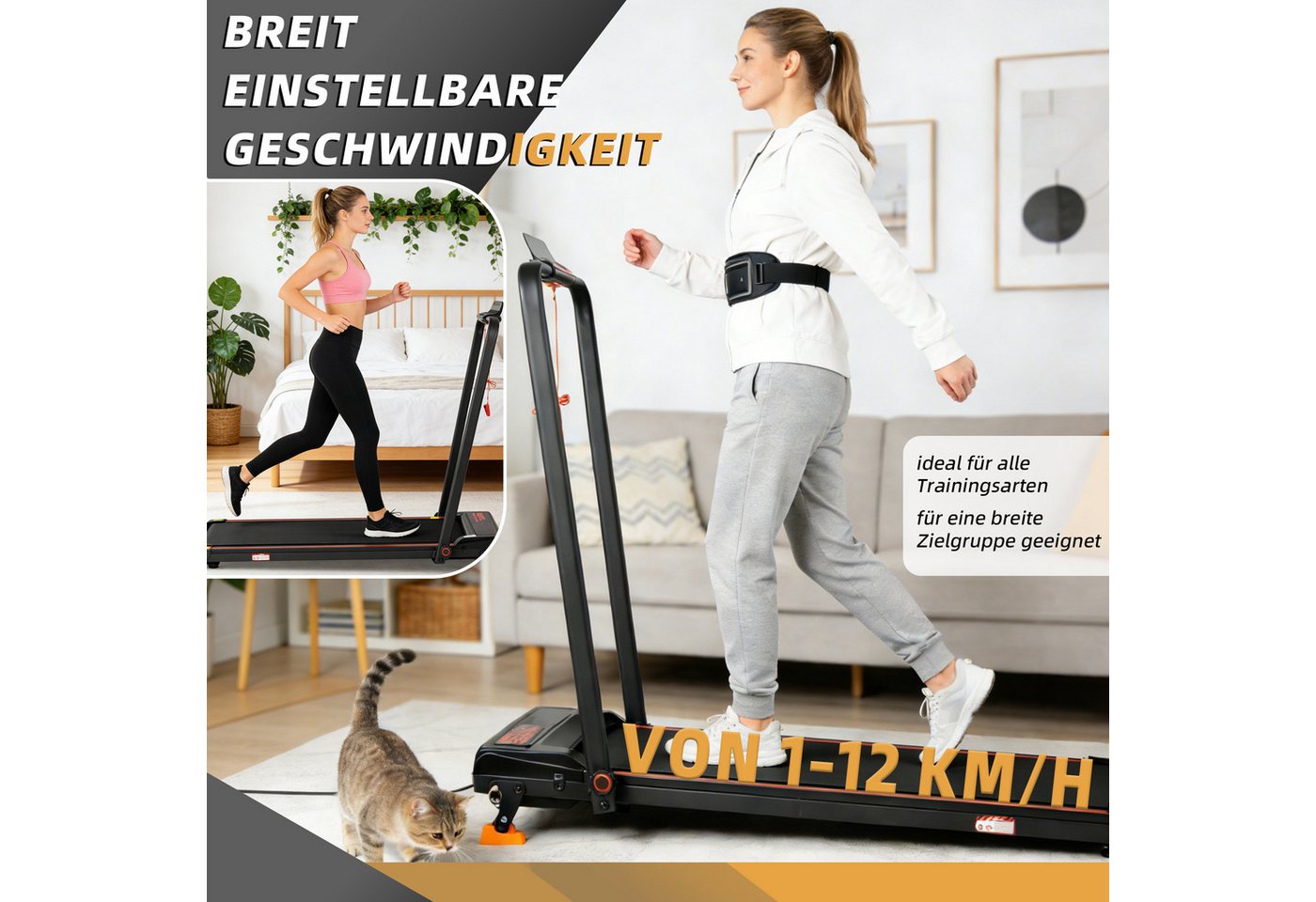 Vankel Laufband für Zuhause 2,5 PS, bis 12 km/h (Fernbedienung), Mit Handlauf, Sicherheitsclip, App und Fernbedienung