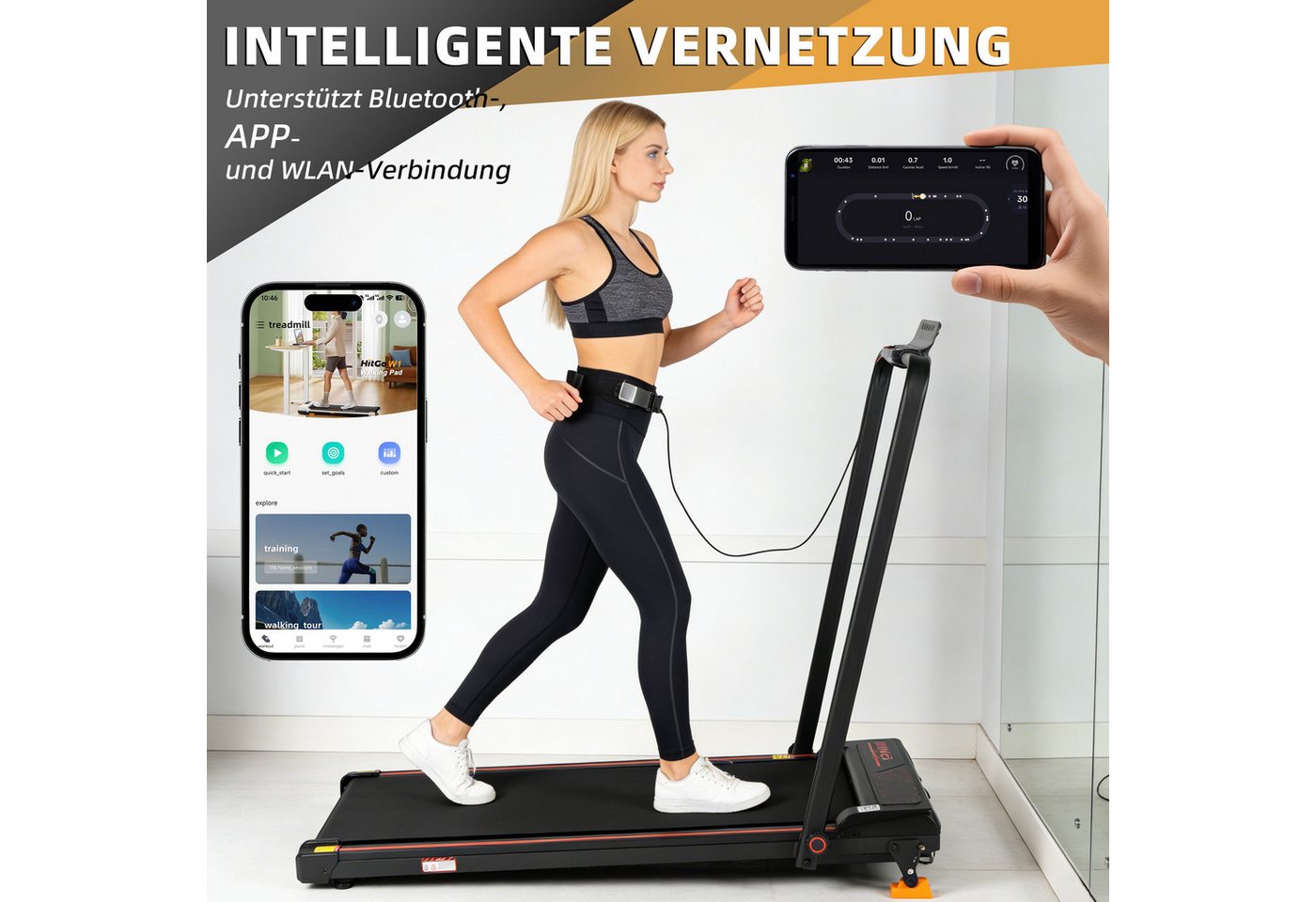 Vankel Laufband für Zuhause 2,5 PS, bis 12 km/h (Fernbedienung), Mit Handlauf, Sicherheitsclip, App und Fernbedienung Bild 2