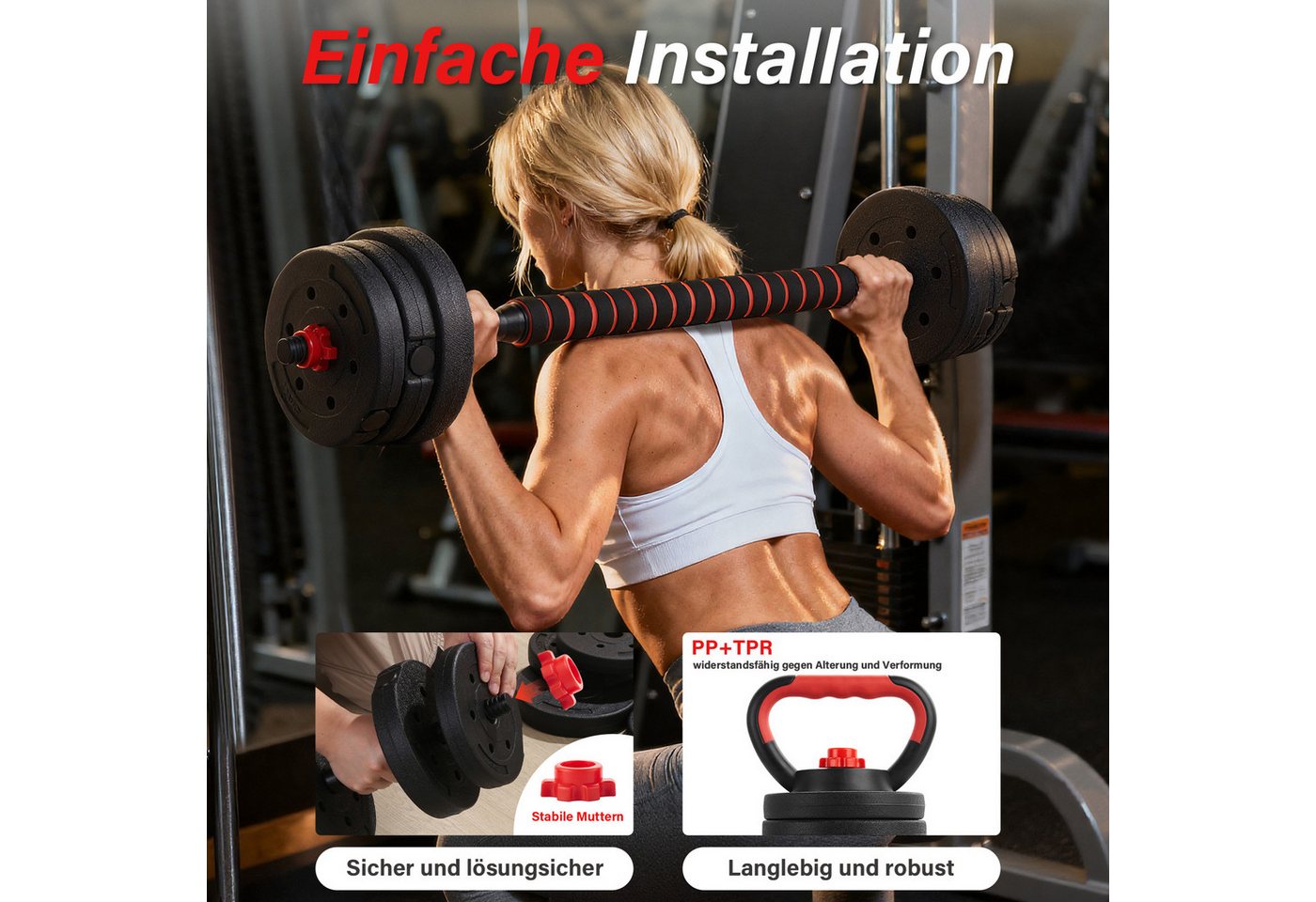 TEENO Hantel-Set 6‑in‑1‑Hantel‑Set für Heim‑Fitness, Verstellbare Gewichte, 15 kg, mit Kugelhanteln, Langhanteln, Liegestütz-Rack