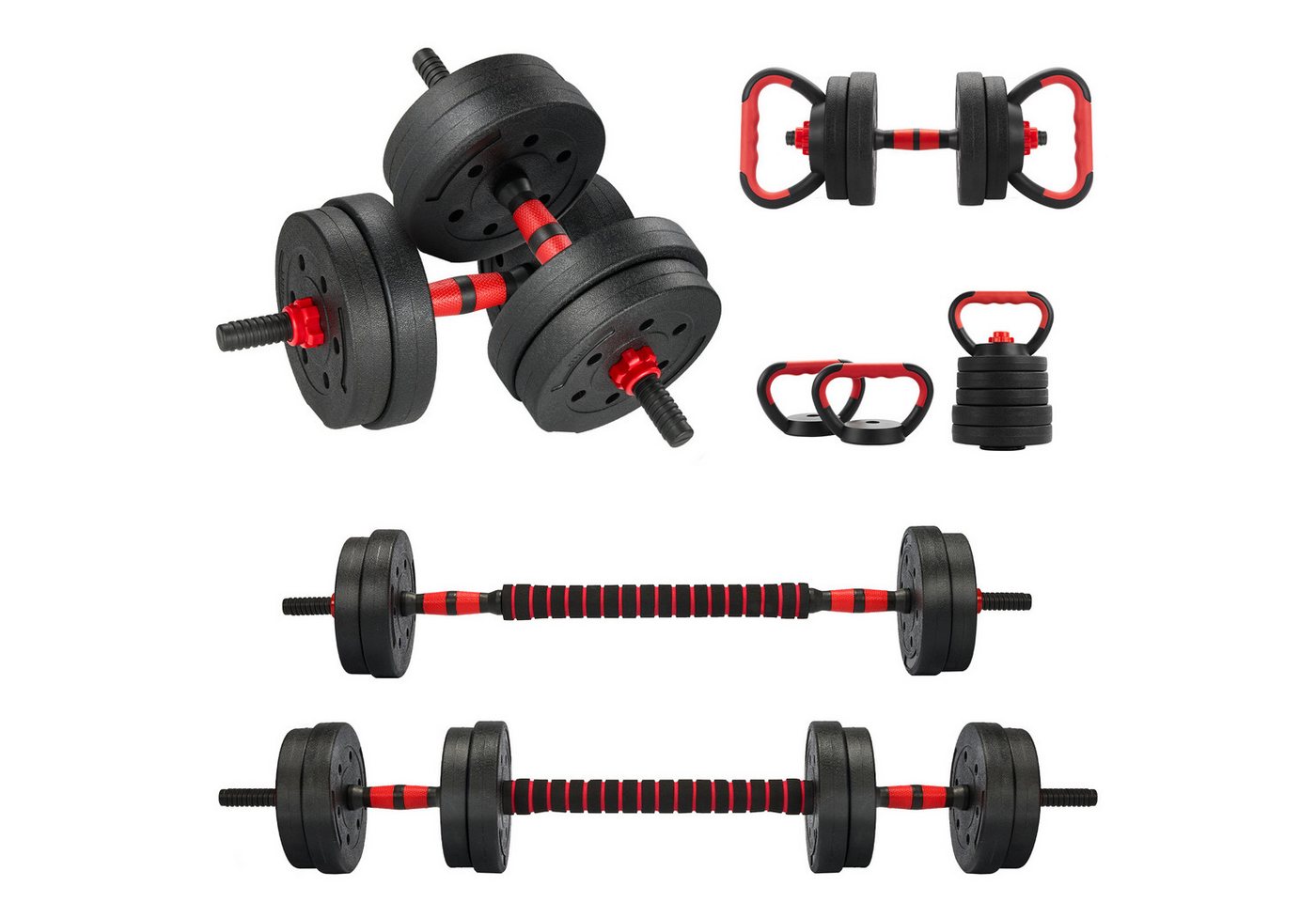 TEENO Hantel-Set 6‑in‑1‑Hantel‑Set für Heim‑Fitness, Verstellbare Gewichte, 15 kg, mit Kugelhanteln, Langhanteln, Liegestütz-Rack Bild 3