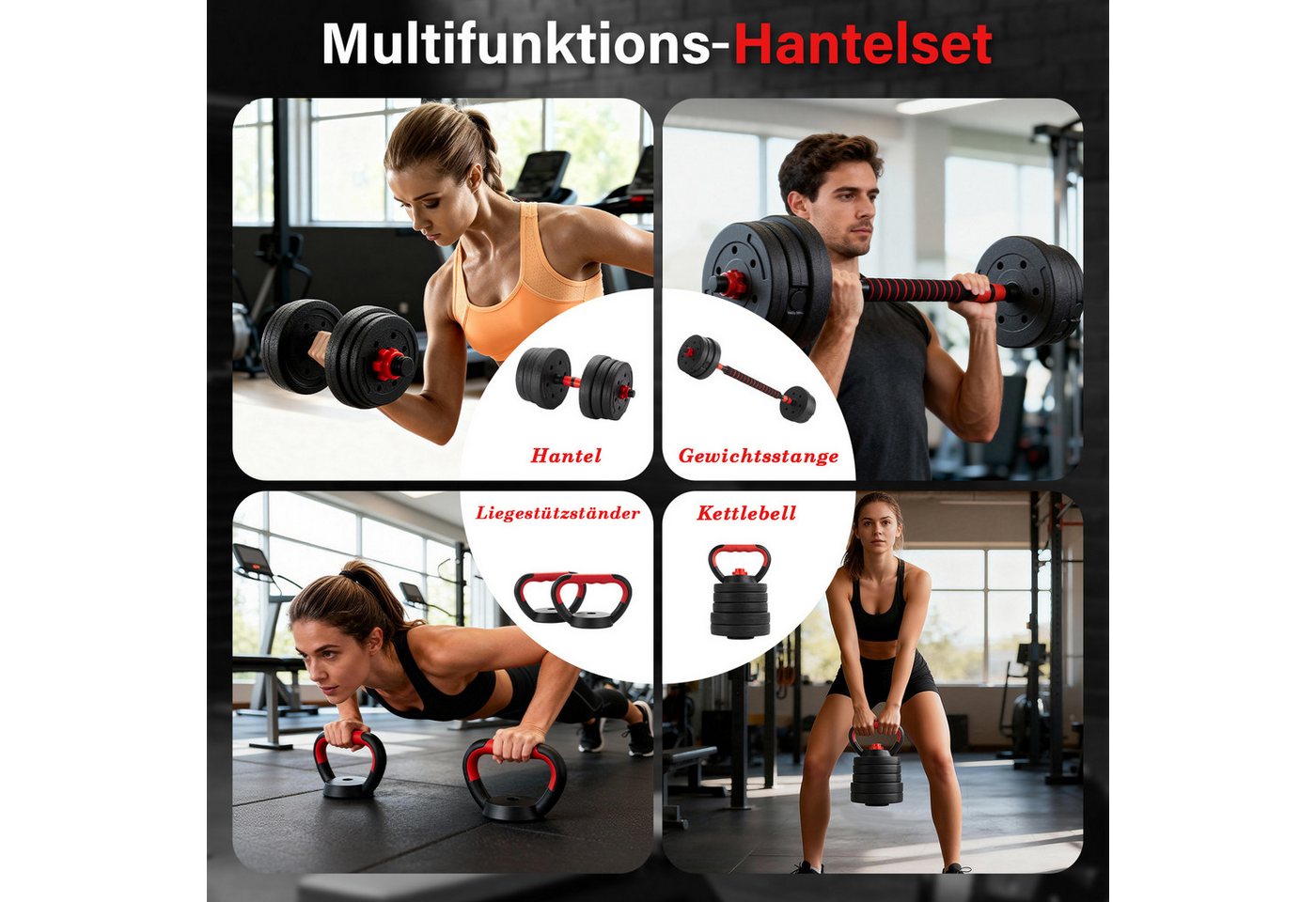 TEENO Hantel-Set 6‑in‑1‑Hantel‑Set für Heim‑Fitness, Verstellbare Gewichte, 15 kg, mit Kugelhanteln, Langhanteln, Liegestütz-Rack Bild 4