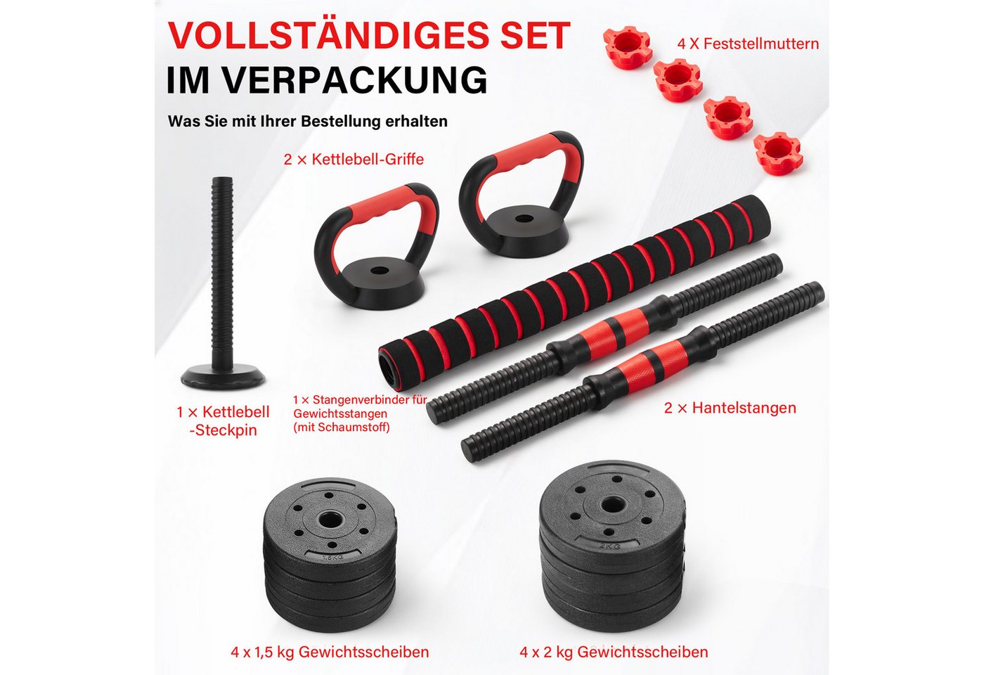 TEENO Hantel-Set 6‑in‑1‑Hantel‑Set für Heim‑Fitness, Verstellbare Gewichte, 15 kg, mit Kugelhanteln, Langhanteln, Liegestütz-Rack Bild 5