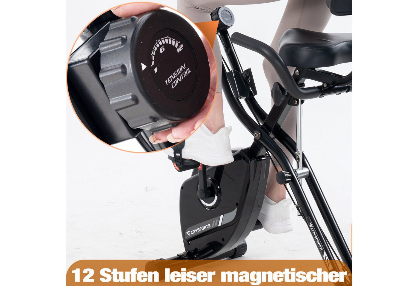 CITYSPORTS Heimtrainer X-Bike klappbar für Zuhause, LCD-Display mit Pulsmessung, Rückenlehne, 8 Widerstandsstufen, Magnetbremse, bis 120 kg, mit Transportrollen