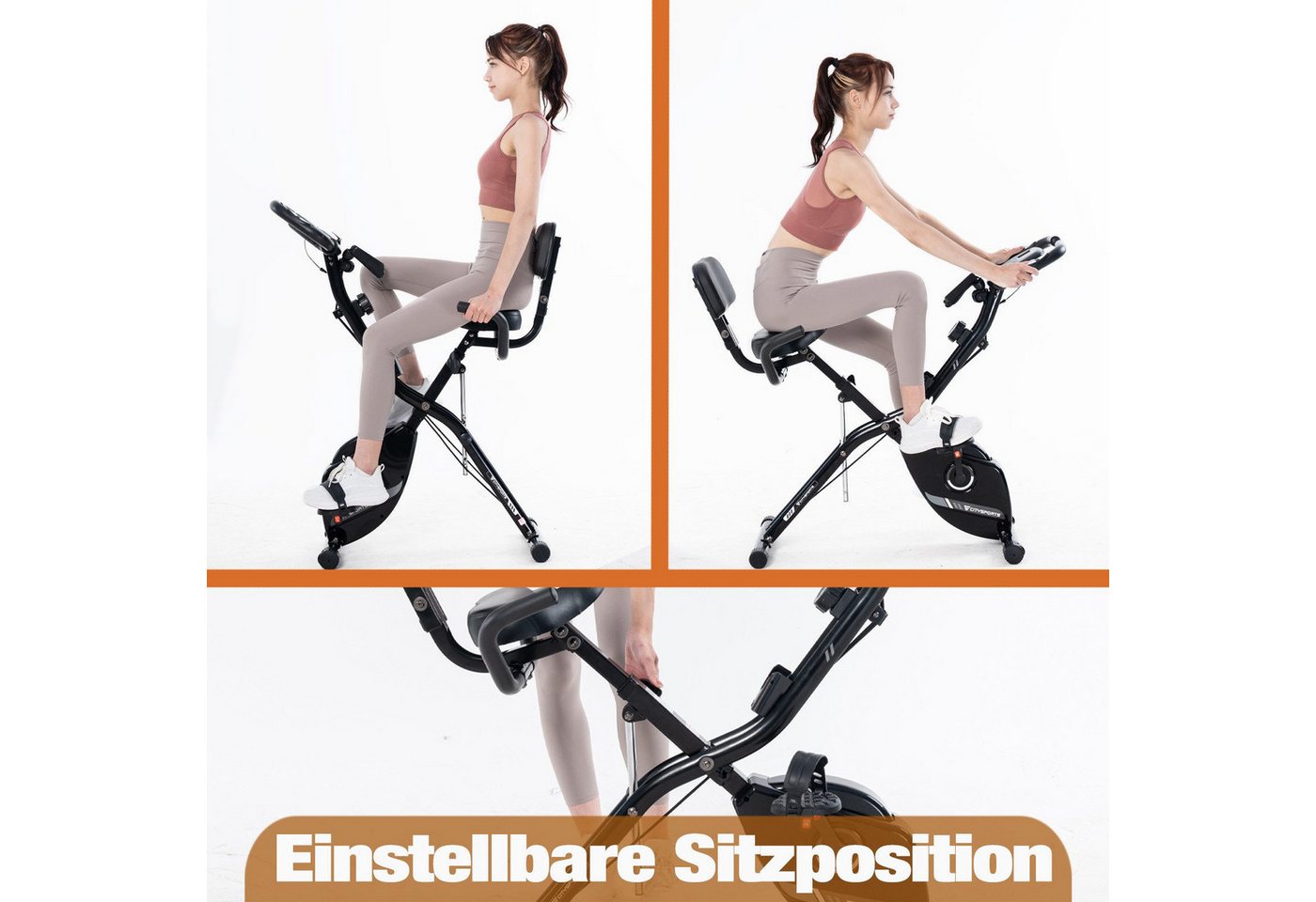 CITYSPORTS Heimtrainer X-Bike klappbar für Zuhause, LCD-Display mit Pulsmessung, Rückenlehne, 8 Widerstandsstufen, Magnetbremse, bis 120 kg, mit Transportrollen Bild 2