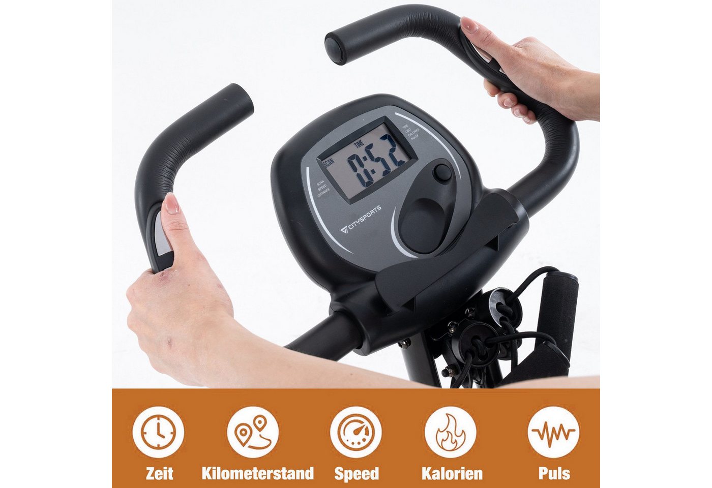 CITYSPORTS Heimtrainer X-Bike klappbar für Zuhause, LCD-Display mit Pulsmessung, Rückenlehne, 8 Widerstandsstufen, Magnetbremse, bis 120 kg, mit Transportrollen Bild 3
