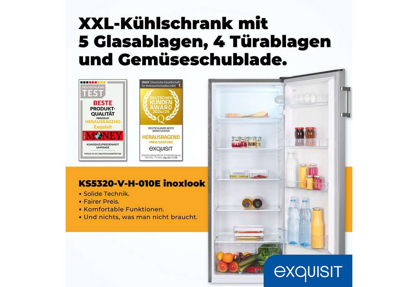 exquisit Vollraumkühlschrank KS5320-V-H-010E, 143.4 cm hoch, 55 cm breit, Türanschlag wechselbar, LED-Innenbeleuchtung Bild 3