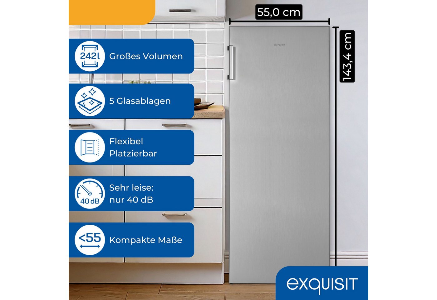exquisit Vollraumkühlschrank KS5320-V-H-010E, 143.4 cm hoch, 55 cm breit, Türanschlag wechselbar, LED-Innenbeleuchtung Bild 5