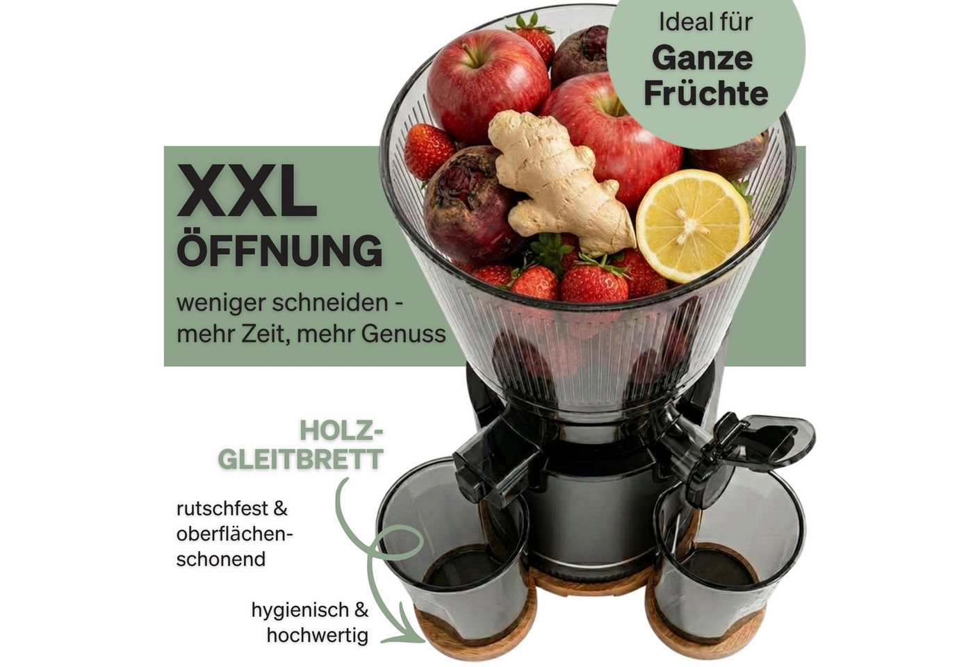 FERNHOLD Slow Juicer Entsafter für ganze Früchte & Gemüse, Kaltentsafter mit 130 mm Öffnung, 250 W, 1,8 l Saftbehälter, BPA-frei, Inkl. 2 Gläsern & Saftrezepte