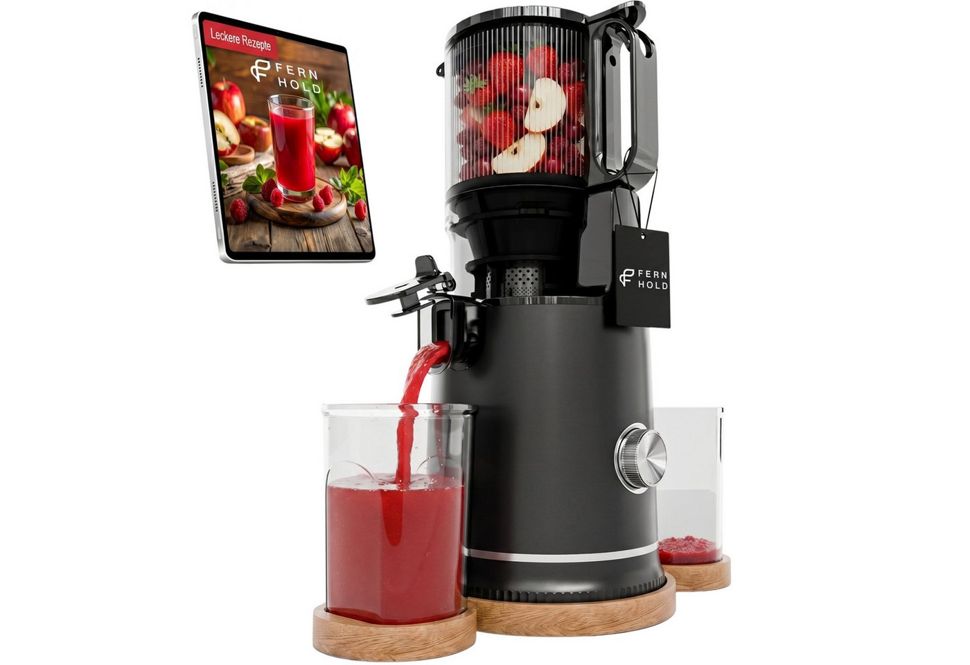 FERNHOLD Slow Juicer Entsafter für ganze Früchte & Gemüse, Kaltentsafter mit 130 mm Öffnung, 250 W, 1,8 l Saftbehälter, BPA-frei, Inkl. 2 Gläsern & Saftrezepte Bild 2