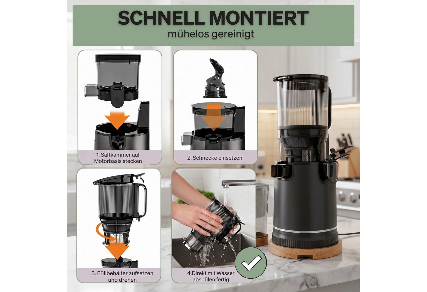 FERNHOLD Slow Juicer Entsafter für ganze Früchte & Gemüse, Kaltentsafter mit 130 mm Öffnung, 250 W, 1,8 l Saftbehälter, BPA-frei, Inkl. 2 Gläsern & Saftrezepte Bild 3